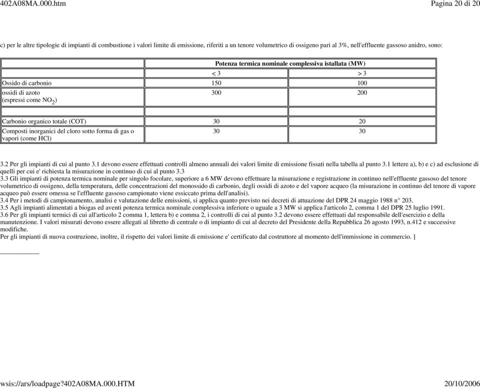 sotto forma di gas o vapori (come HCl) 30 30 3.2 Per gli impianti di cui al punto 3.1 devono essere effettuati controlli almeno annuali dei valori limite di emissione fissati nella tabella al punto 3.