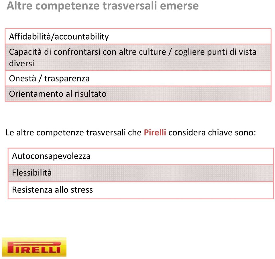 trasparenza Orientamento al risultato Le altre competenze trasversali che