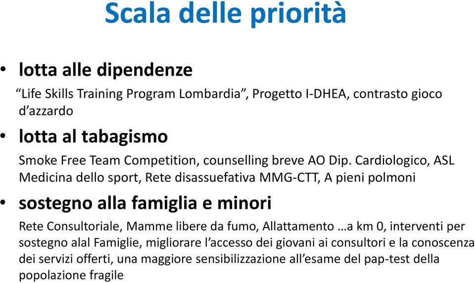 Cardiologico, ASL Medicina dello sport, Rete disassuefativa MMG-CTT, A pieni polmoni sostegno alla famiglia e minori Rete Consultoriale, Mamme