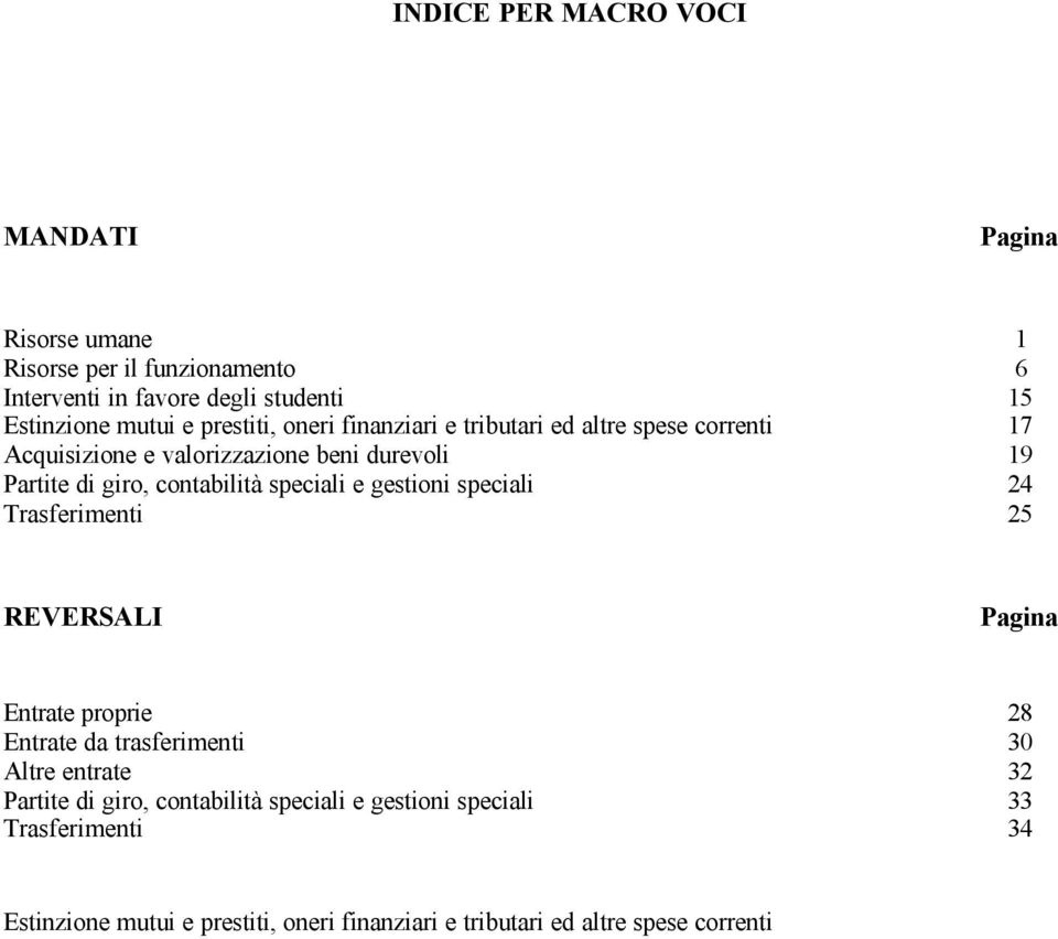 speciali e gestioni speciali 24 Trasferimenti 25 REVERSALI Pagina Entrate proprie 28 Entrate da trasferimenti 30 Altre entrate 32 Partite di