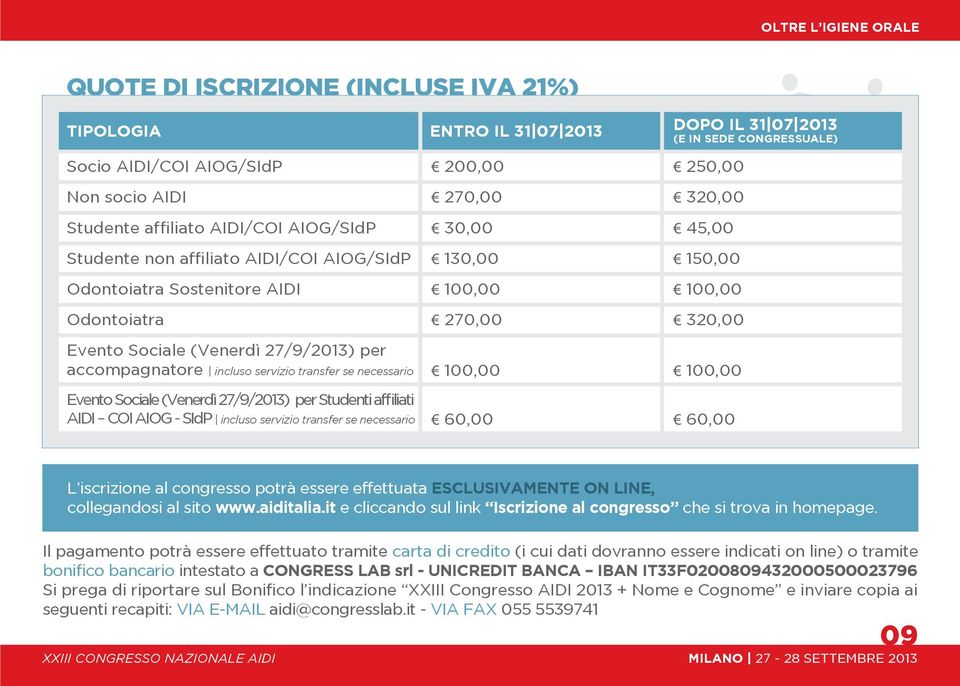 (Venerdì 27/9/2013) per accompagnatore incluso servizio transfer se necessario 100,00 100,00 Evento Sociale (Venerdì 27/9/2013) per Studenti affiliati AIDI COI AIOG - SIdP incluso servizio transfer