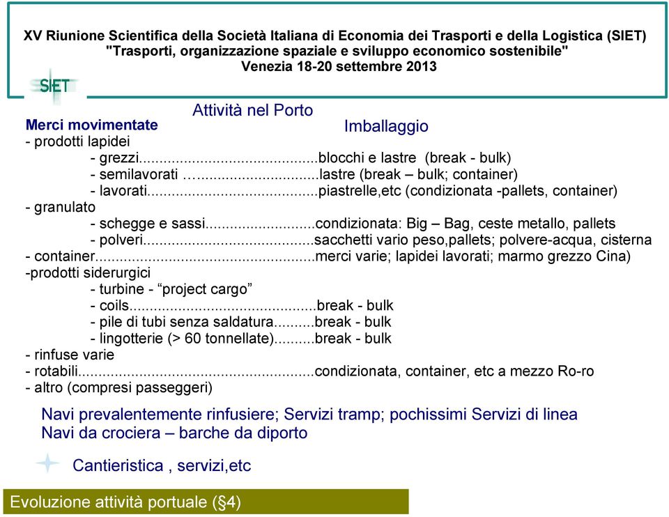 ..sacchetti vario peso,pallets; polvere-acqua, cisterna - container...merci varie; lapidei lavorati; marmo grezzo Cina) -prodotti siderurgici - turbine - project cargo - coils.