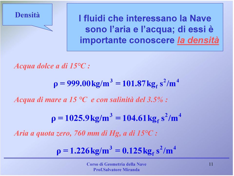 87kgf s /m Acqua di mare a 15 C e con salinità del 3.5% : 3 2 4 ρ = 1025.