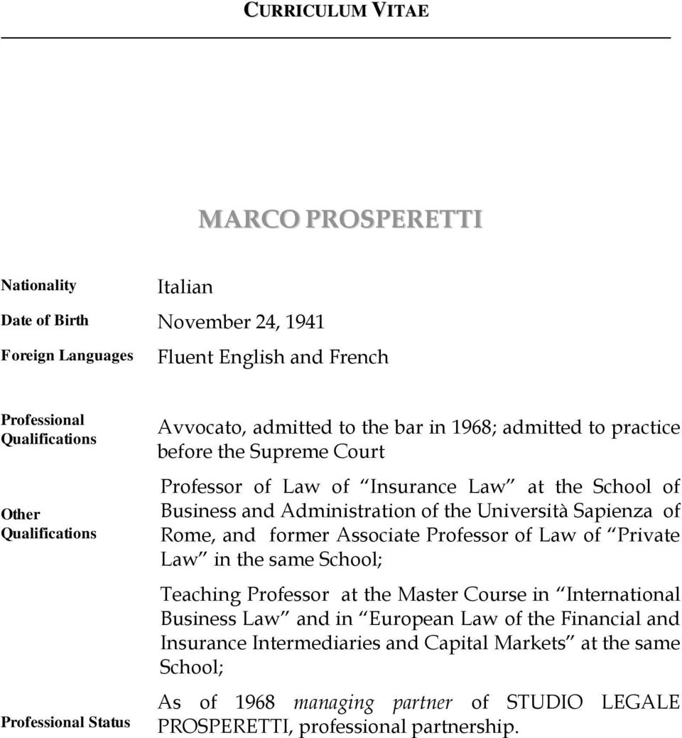 Università Sapienza of Rome, and former Associate Professor of Law of Private Law in the same School; Teaching Professor at the Master Course in International Business Law and in