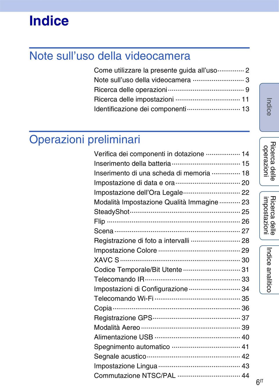 Immagine 23 SteadyShot 25 Flip 26 Scena 27 Registrazione di foto a intervalli 28 Impostazione Colore 29 XAVC S 30 Codice Temporale/Bit Utente 31 Telecomando IR 33 Impostazioni di