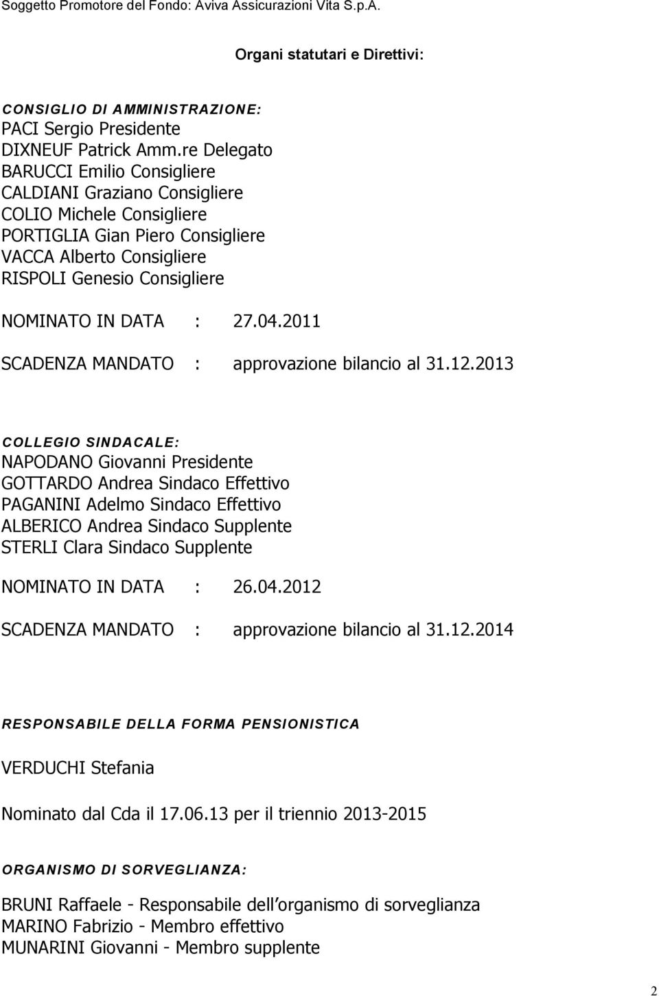 : 27.04.2011 SCADENZA MANDATO : approvazione bilancio al 31.12.