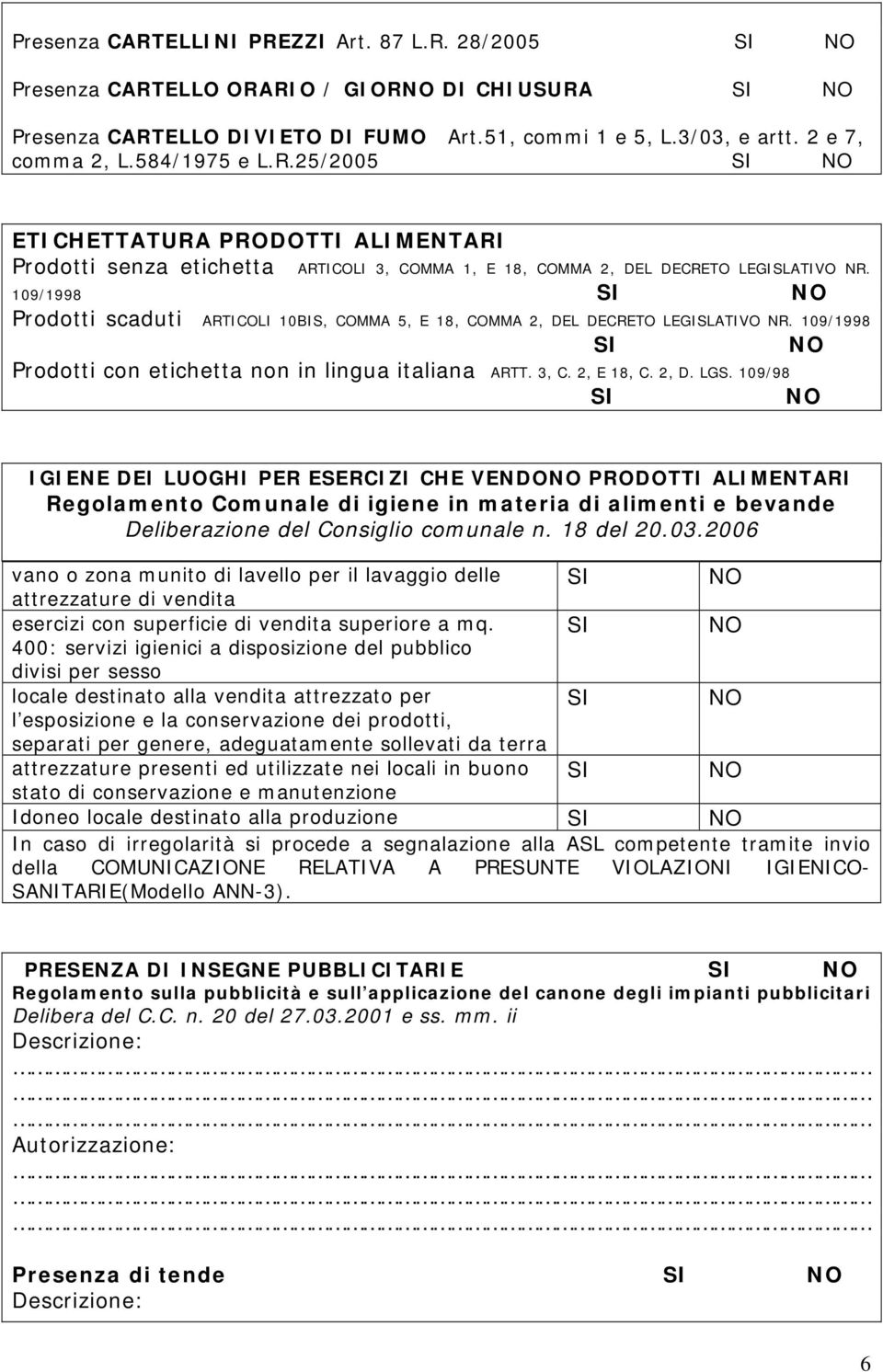 109/98 IGIENE DEI LUOGHI PER ESERCIZI CHE VENDO P RODOTTI ALIMENTARI Regolamento Comunale di igiene in materia di alimenti e bevande Deliberazione del Consiglio comunale n. 18 del 20.03.