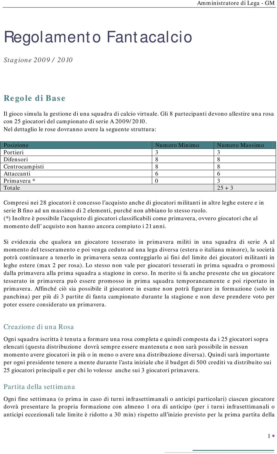 Nel dettaglio le rose dovranno avere la seguente struttura: Posizione Numero Minimo Numero Massimo Portieri 3 3 Difensori 8 8 Centrocampisti 8 8 Attaccanti 6 6 Primavera * 0 3 Totale 25 + 3 Compresi