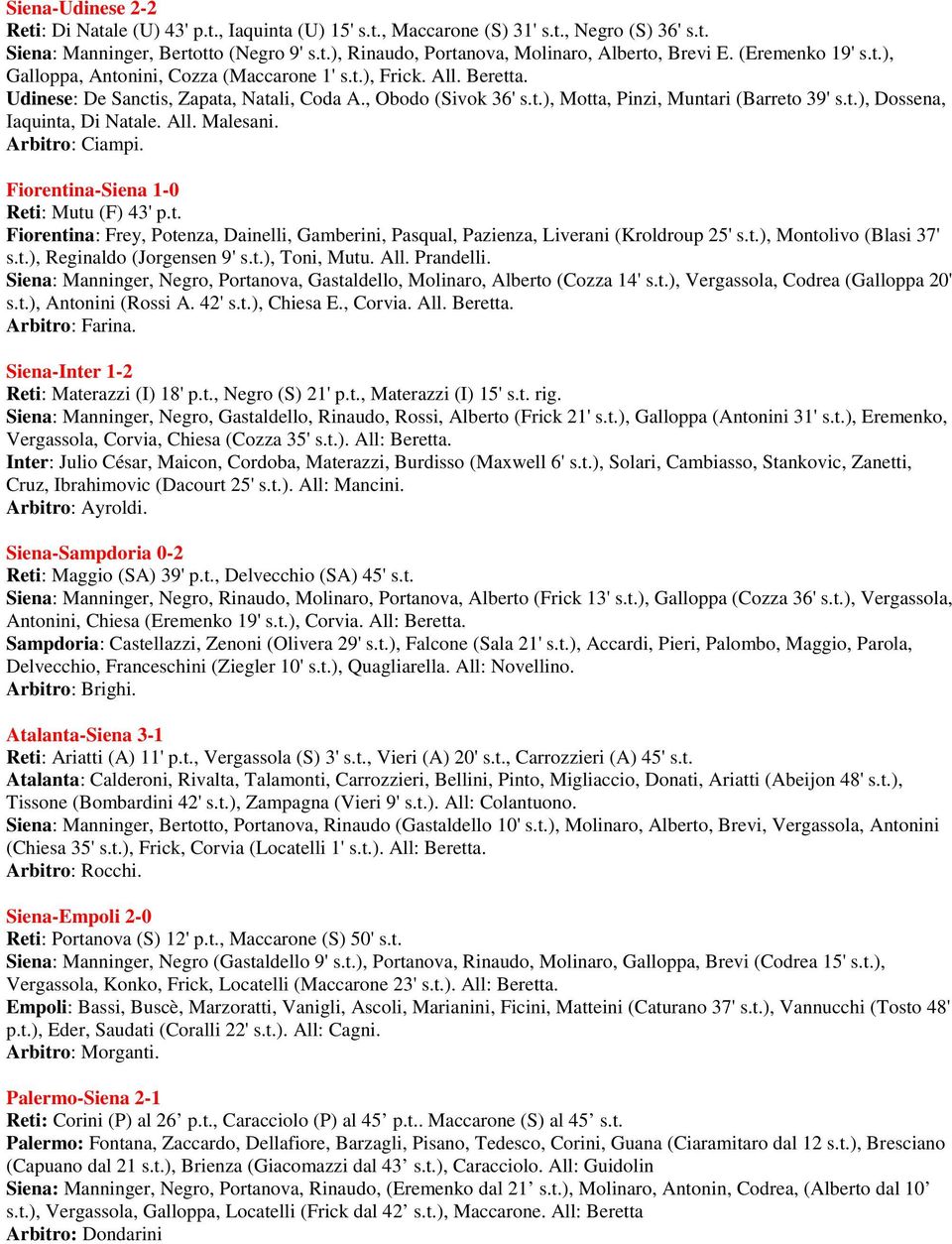 All. Malesani. Arbitro: Ciampi. Fiorentina-Siena 1-0 Reti: Mutu (F) 43' p.t. Fiorentina: Frey, Potenza, Dainelli, Gamberini, Pasqual, Pazienza, Liverani (Kroldroup 25' s.t.), Montolivo (Blasi 37' s.t.), Reginaldo (Jorgensen 9' s.