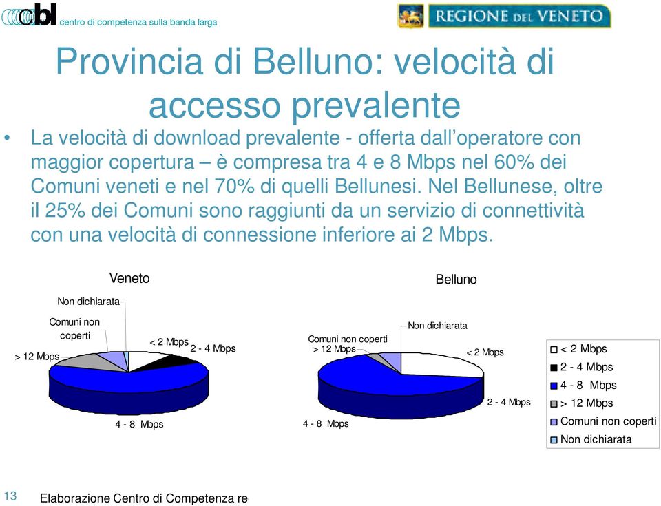 Nel Bellunese, oltre il 25% dei Comuni sono raggiunti da un servizio di connettività con una velocità di connessione inferiore ai 2 Mbps.