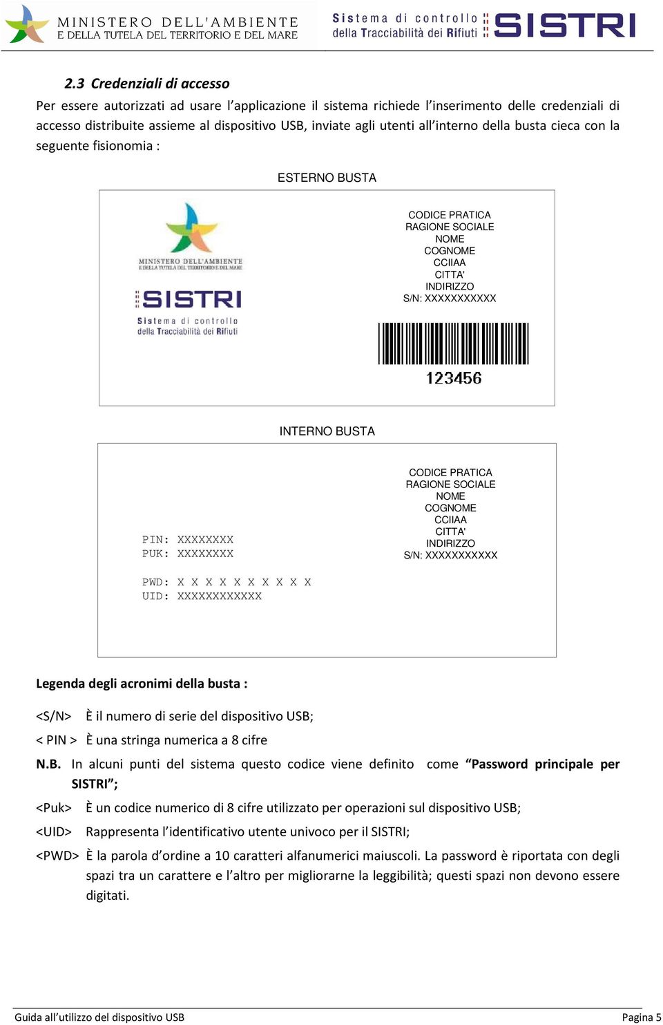 CODICE PRATICA RAGIONE SOCIALE NOME COGNOME CCIIAA CITTA' INDIRIZZO S/N: XXXXXXXXXXX PWD: X X X X X X X X X X UID: XXXXXXXXXXXX Legenda degli acronimi della busta : <S/N> È il numero di serie del