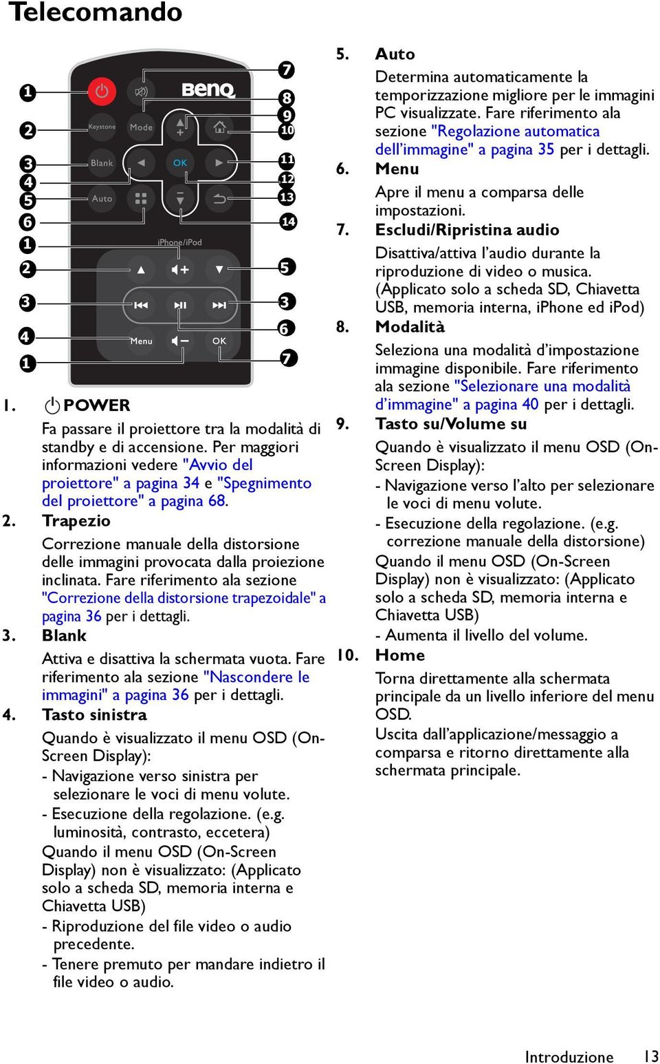 Escludi/Ripristina audio 1 2 3 5 3 Disattiva/attiva l audio durante la riproduzione di video o musica. (Applicato solo a scheda SD, Chiavetta USB, memoria interna, iphone ed ipod) 6 8.