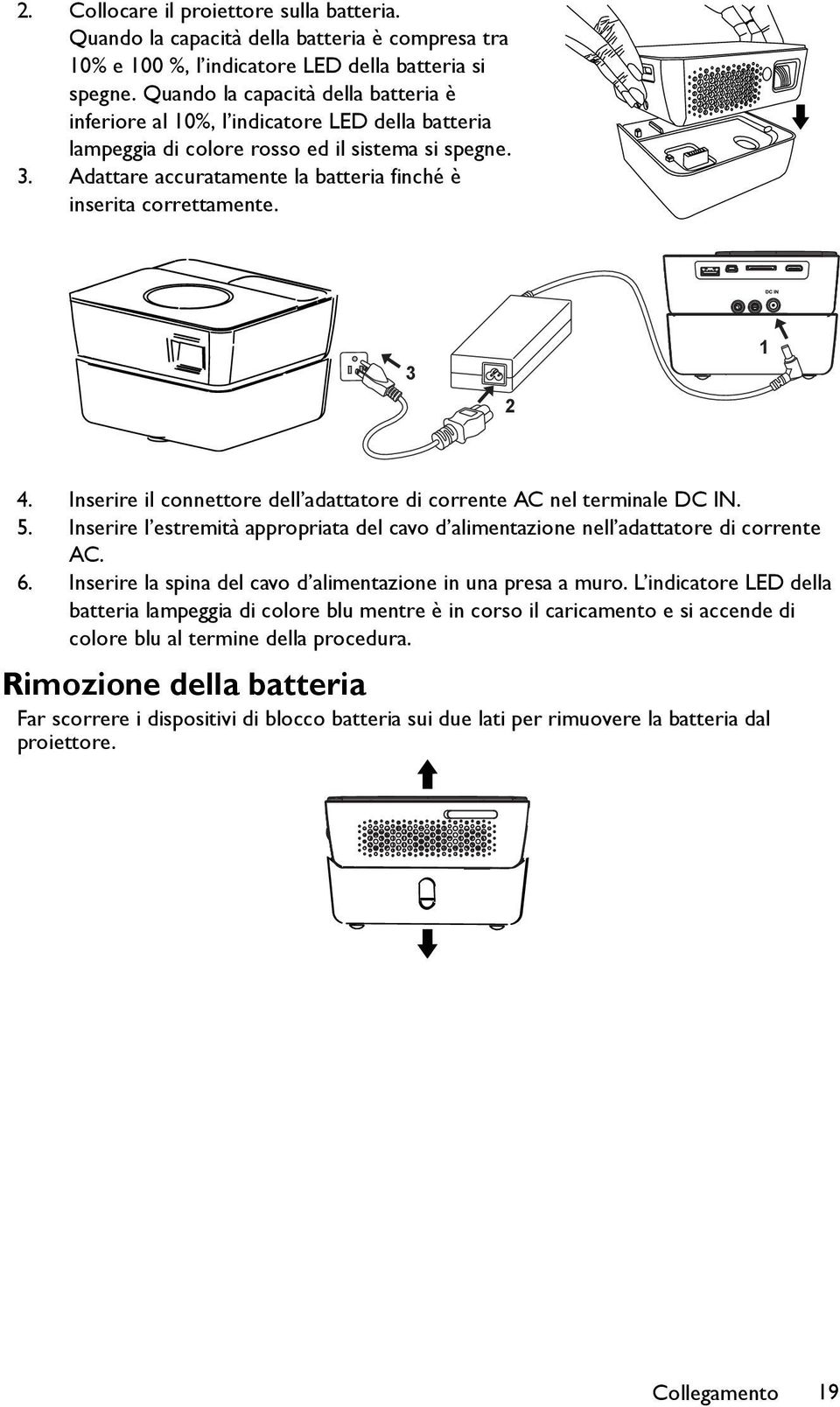 Adattare accuratamente la batteria finché è inserita correttamente. 3 2 1 4. Inserire il connettore dell adattatore di corrente AC nel terminale DC IN. 5.