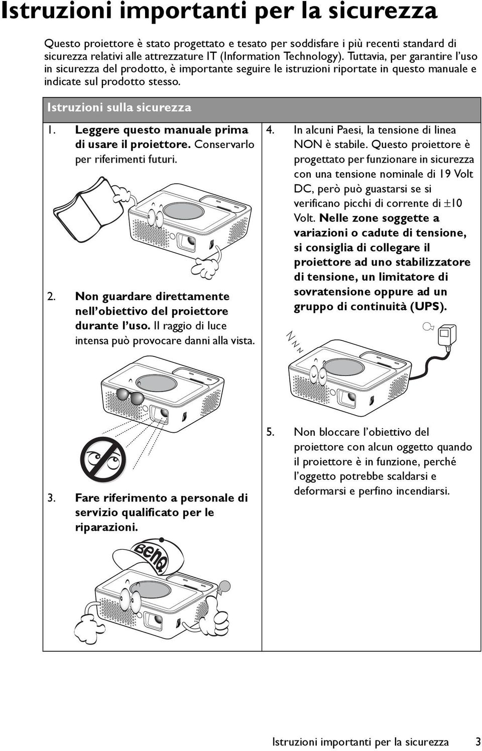 Leggere questo manuale prima di usare il proiettore. Conservarlo per riferimenti futuri. 2. Non guardare direttamente nell obiettivo del proiettore durante l uso.