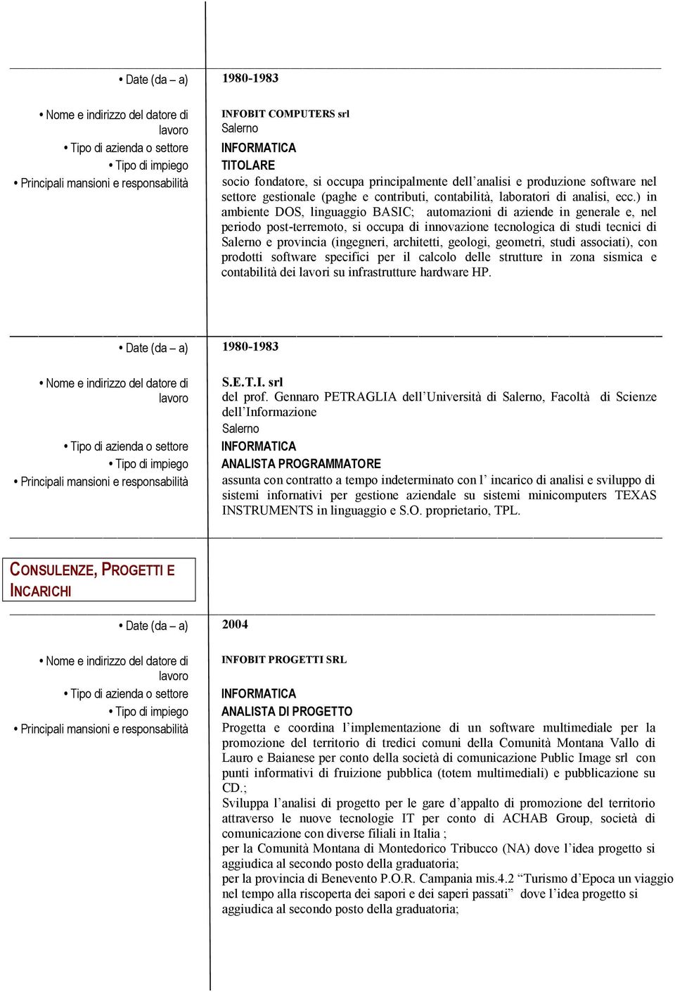 ) in ambiente DOS, linguaggio BASIC; automazioni di aziende in generale e, nel periodo post-terremoto, si occupa di innovazione tecnologica di studi tecnici di Salerno e provincia (ingegneri,