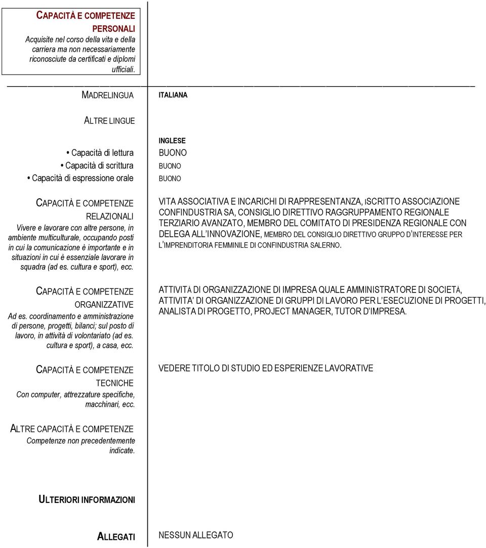 multiculturale, occupando posti in cui la comunicazione è importante e in situazioni in cui è essenziale lavorare in squadra (ad es. cultura e sport), ecc. CAPACITÀ E COMPETENZE ORGANIZZATIVE Ad es.