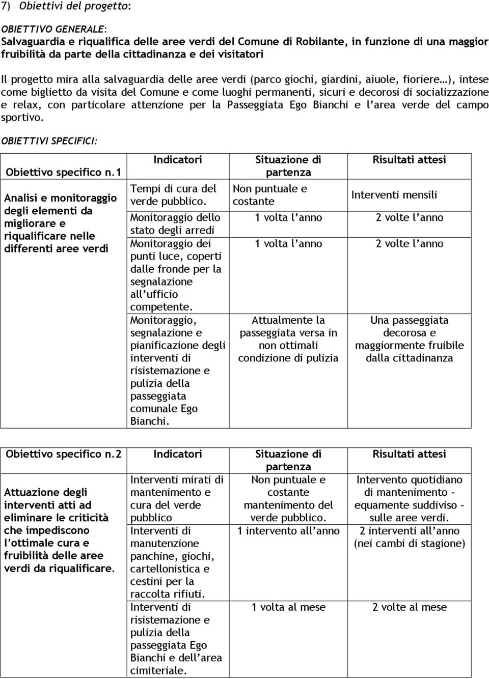 socializzazione e relax, con particolare attenzione per la Passeggiata Ego Bianchi e l area verde del campo sportivo. OBIETTIVI SPECIFICI: Obiettivo specifico n.