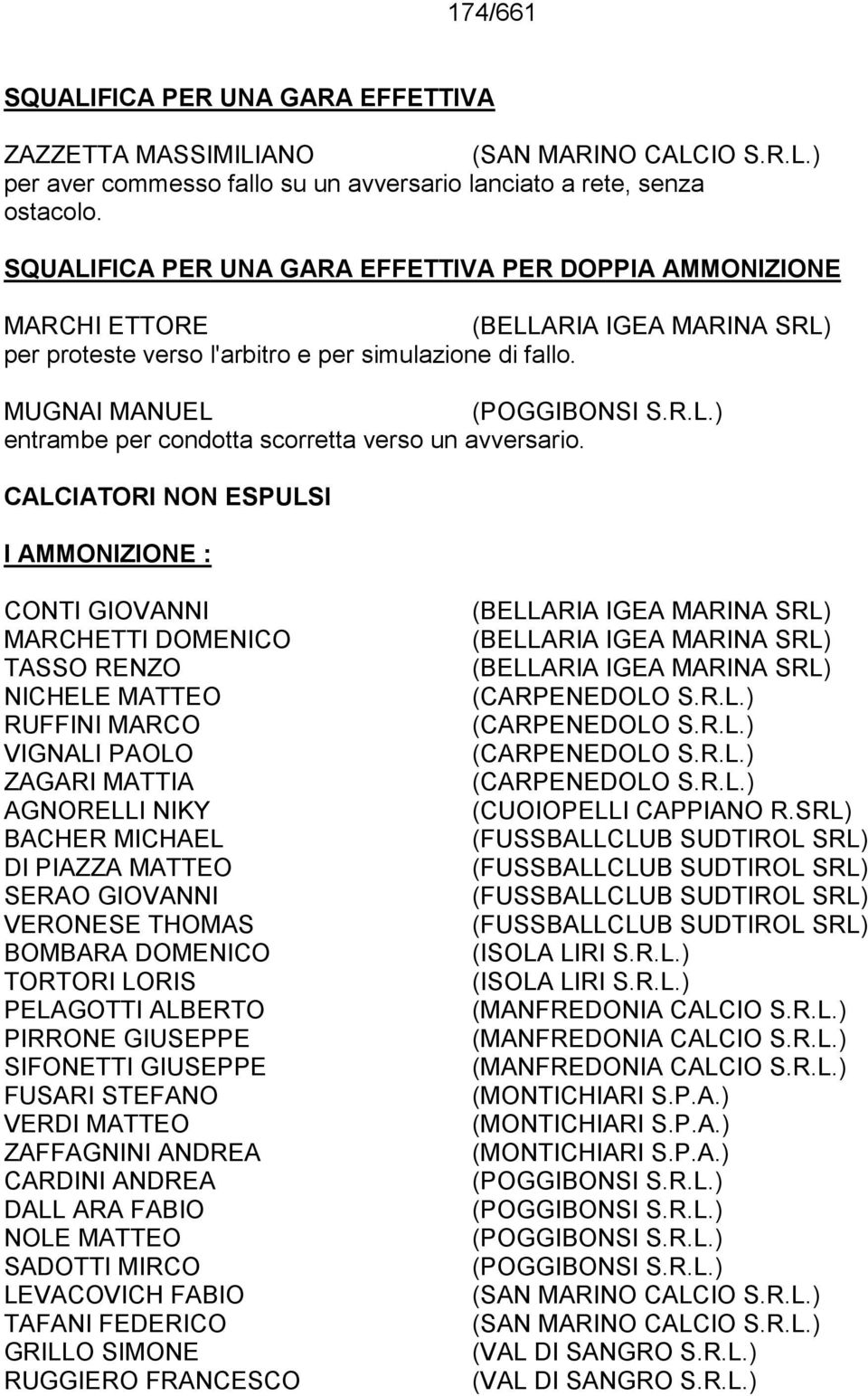 CALCIATORI NON ESPULSI I AMMONIZIONE : CONTI GIOVANNI MARCHETTI DOMENICO TASSO RENZO NICHELE MATTEO RUFFINI MARCO VIGNALI PAOLO ZAGARI MATTIA AGNORELLI NIKY BACHER MICHAEL DI PIAZZA MATTEO SERAO