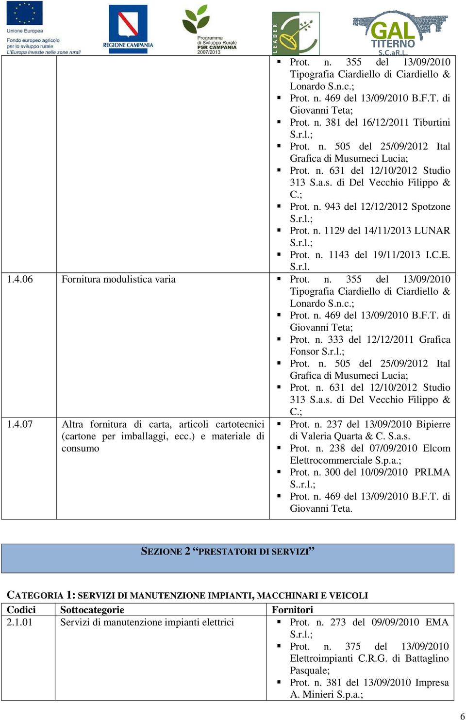 n.c.; Prot. n. 469 del 13/09/2010 B.F.T. di Giovanni Teta; Prot. n. 333 del 12/12/2011 Grafica Fonsor Prot. n. 505 del 25/09/2012 Ital Grafica di Musumeci Lucia; 1.4.07 Altra fornitura di carta, articoli cartotecnici (cartone per imballaggi, ecc.