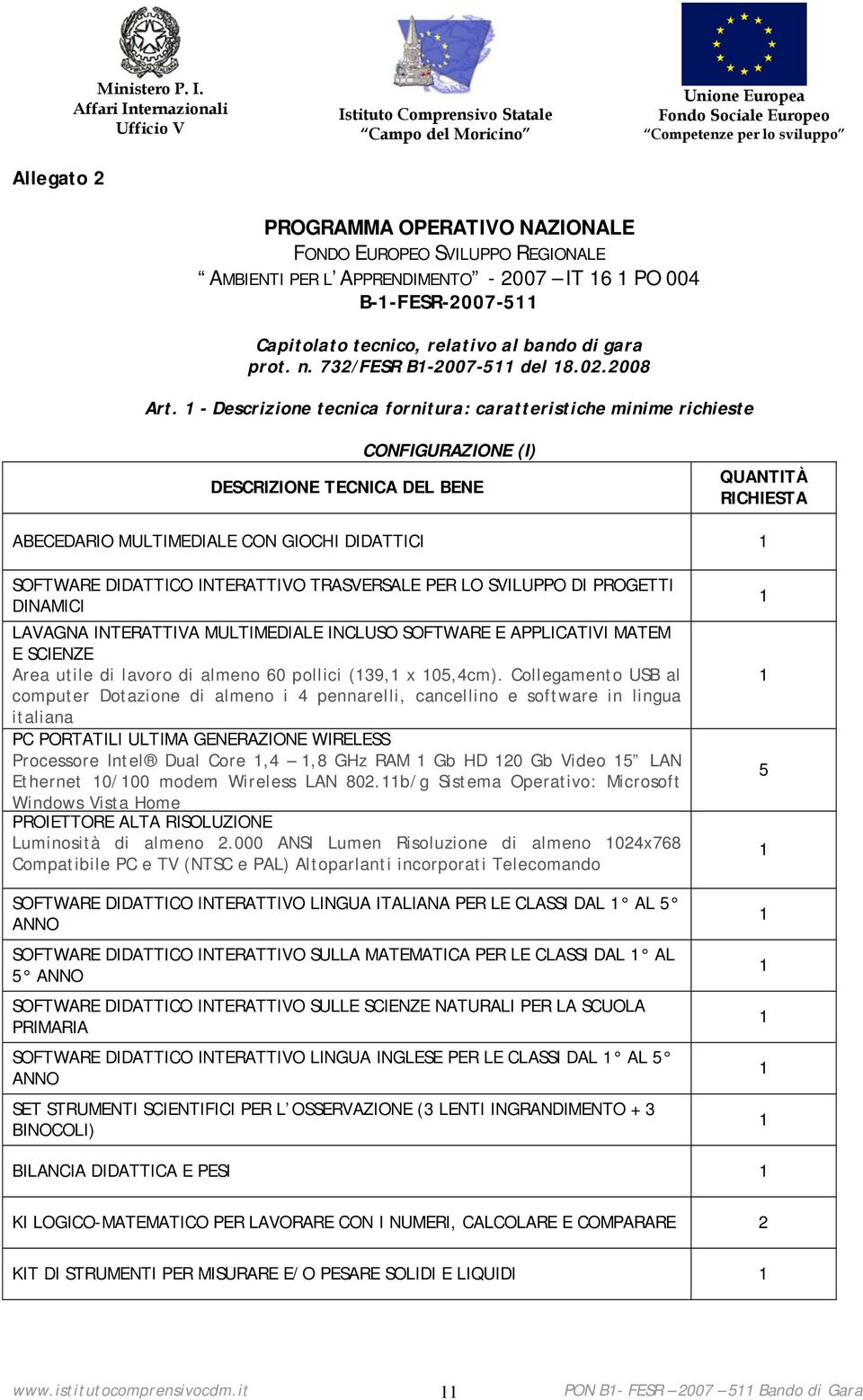 REGIONALE AMBIENTI PER L APPRENDIMENTO - 2007 IT 6 PO 004 B--FESR-2007-5 Capitolato tecnico, relativo al bando di gara prot. n. 732/FESR B-2007-5 del 8.02.2008 Art.