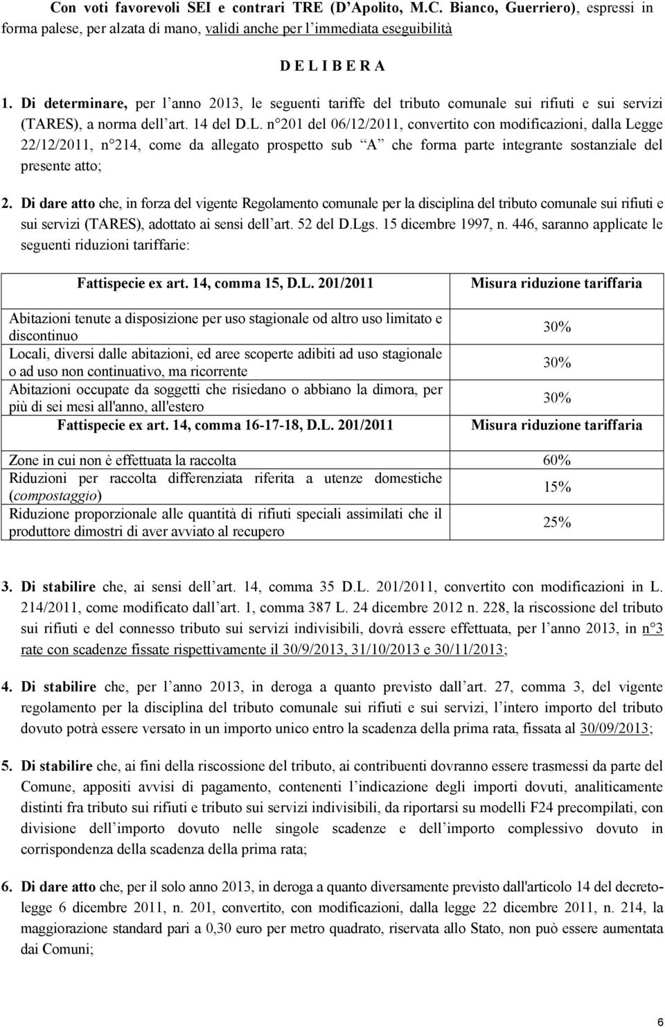 n 201 del 06/12/2011, convertito con modificazioni, dalla Legge 22/12/2011, n 214, come da allegato prospetto sub A che forma parte integrante sostanziale del presente atto; 2.