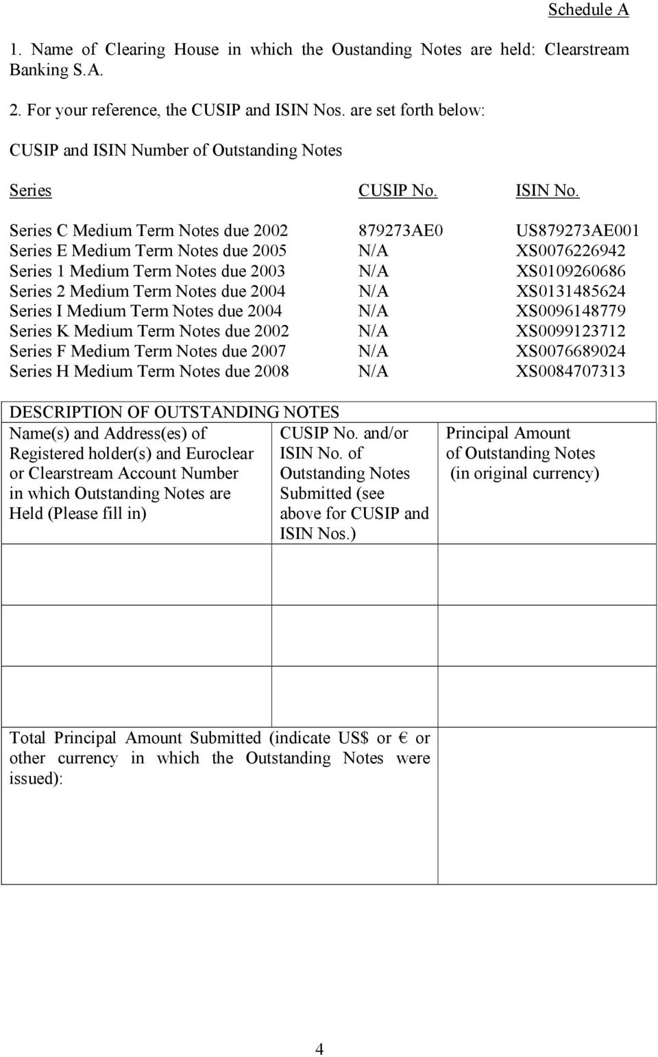 Series C Medium Term Notes due 2002 879273AE0 US879273AE001 Series E Medium Term Notes due 2005 N/A XS0076226942 Series 1 Medium Term Notes due 2003 N/A XS0109260686 Series 2 Medium Term Notes due