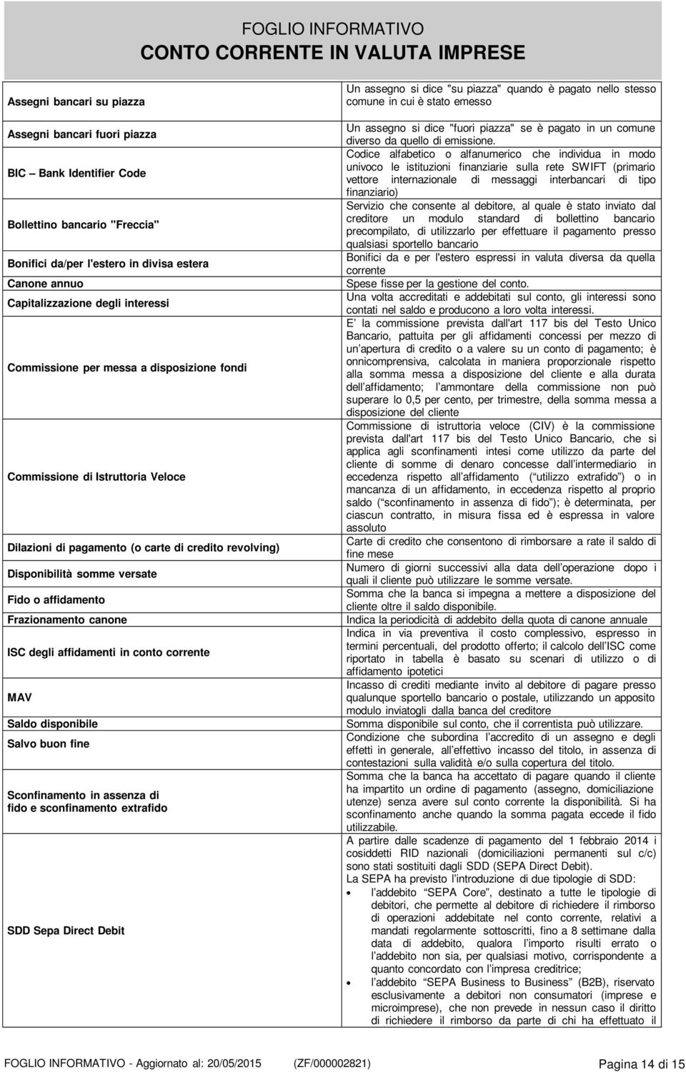 ISC degli affidamenti in conto corrente MAV Saldo disponibile Salvo buon fine Sconfinamento in assenza di fido e sconfinamento extrafido SDD Sepa Direct Debit Un assegno si dice "su piazza" quando è