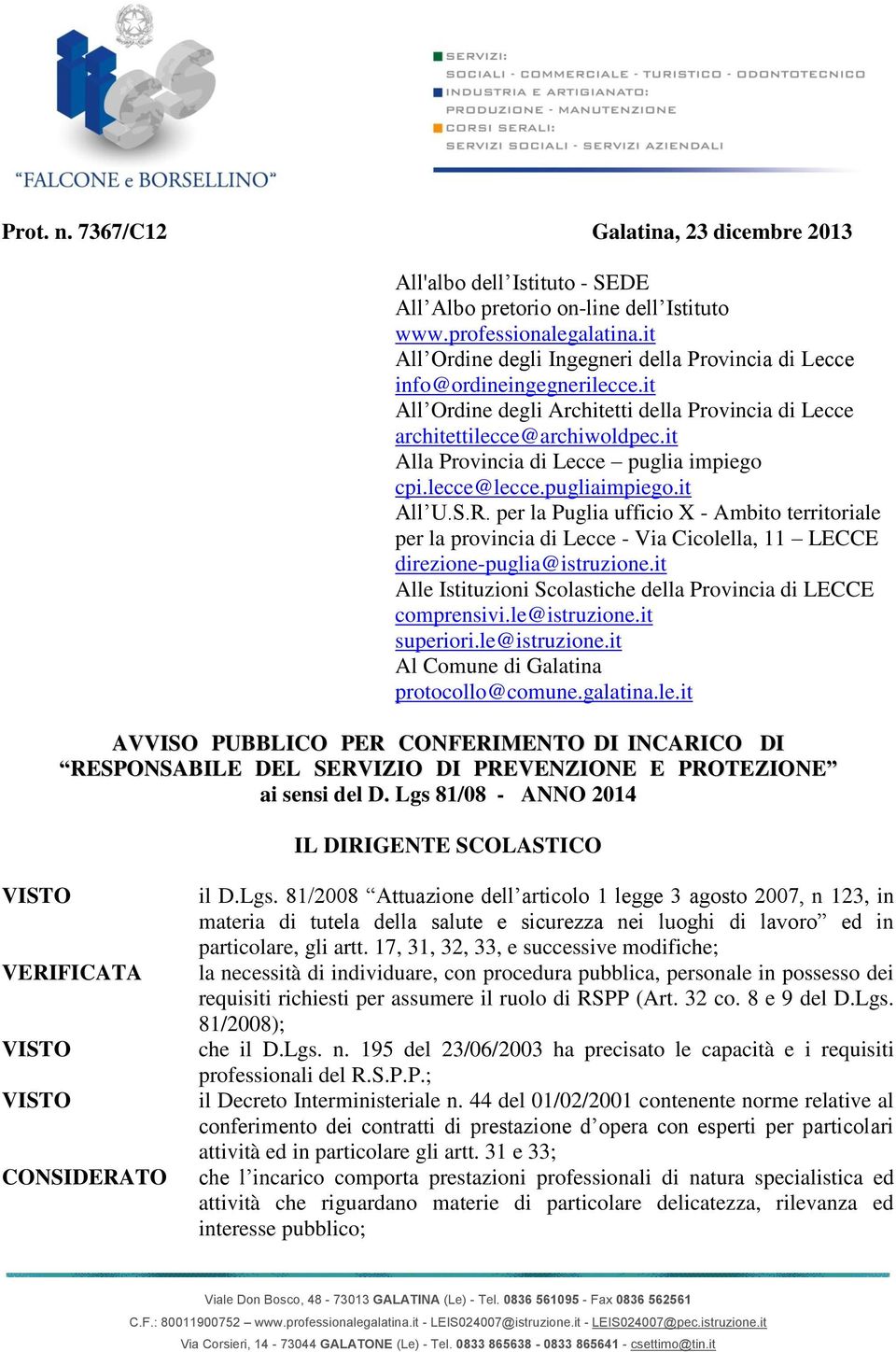 it Alla Provincia di Lecce puglia impiego cpi.lecce@lecce.pugliaimpiego.it All U.S.R.