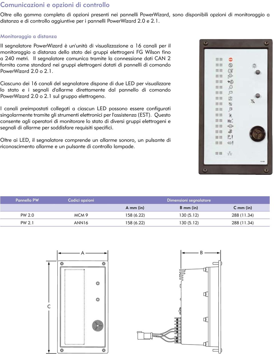 Monitoraggio a distanza Il segnalatore PowerWizard è un'unità di visualizzazione a 16 canali per il monitoraggio a distanza dello stato dei gruppi elettrogeni FG Wilson fino a 240 metri.