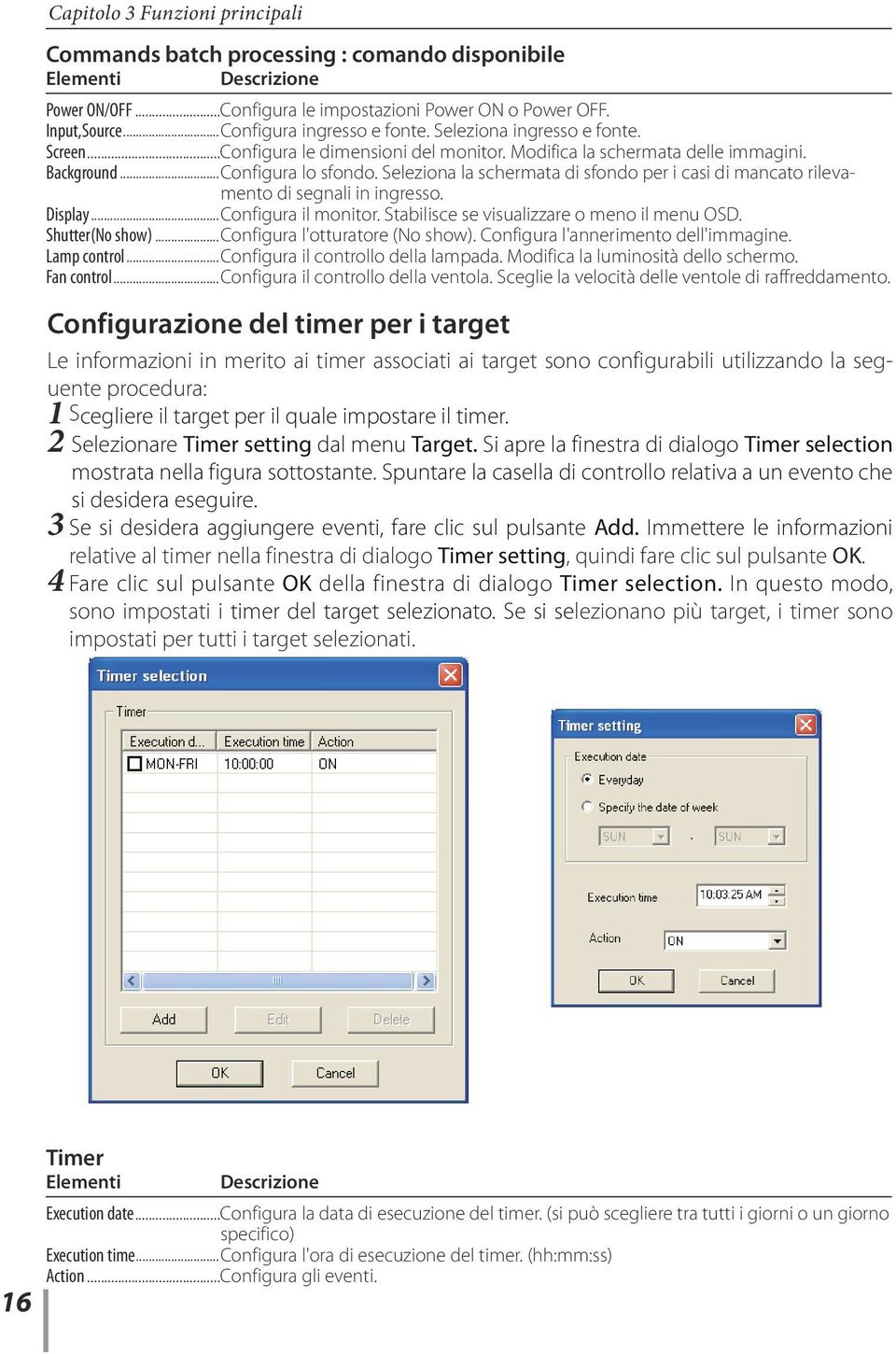 Seleziona la schermata di sfondo per i casi di mancato rilevamento di segnali in ingresso. Display... Configura il monitor. Stabilisce se visualizzare o meno il menu OSD. Shutter(No show).