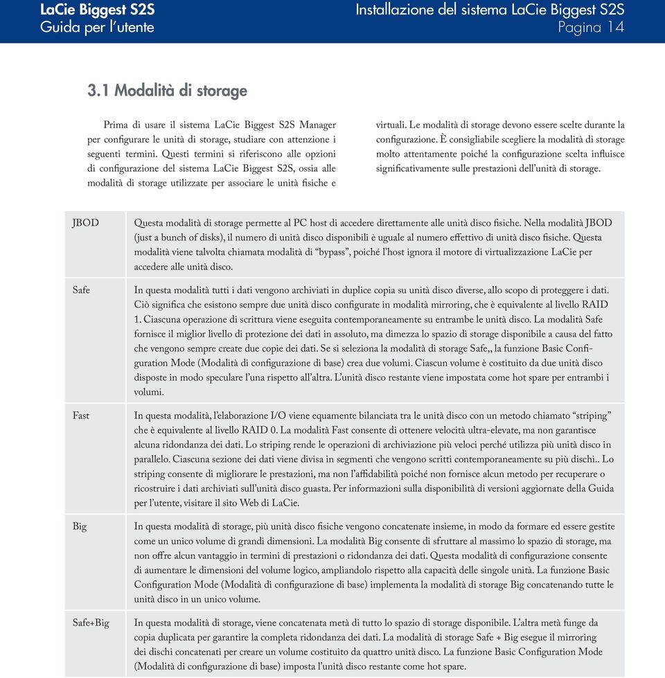 Questi termini si riferiscono alle opzioni di configurazione del sistema LaCie Biggest S2S, ossia alle modalità di storage utilizzate per associare le unità fisiche e virtuali.