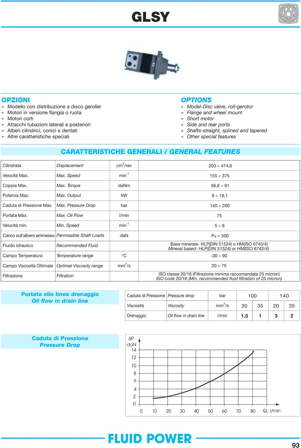 Cilidrata Displacemet cm 3 /rev 2 474,6 Velocità ax. ax. Speed mi -1 1 37 Coppia ax. ax. Torque 6,6 91 Poteza ax. ax. Output kw 9 18,1 Caduta di Pressioe ax. ax. Pressure Drop 14 2 Portata ax. ax. Oil Flow l/mi 7 Velocità mi.