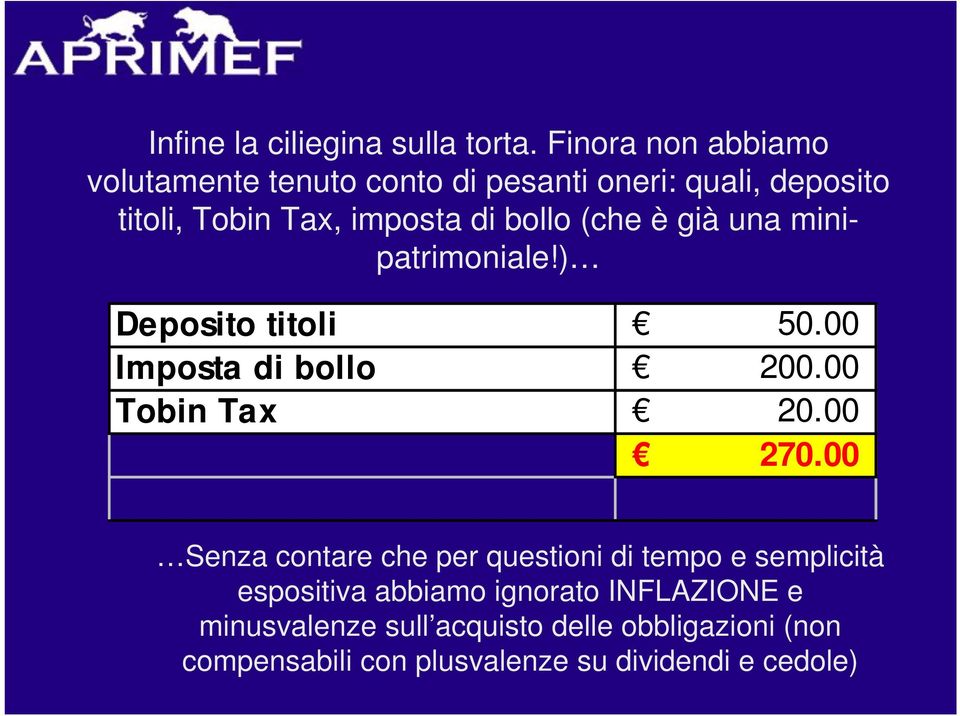 bollo (che è già una minipatrimoniale!) Deposito titoli 50.00 Imposta di bollo 200.00 Tobin Tax 20.00 270.