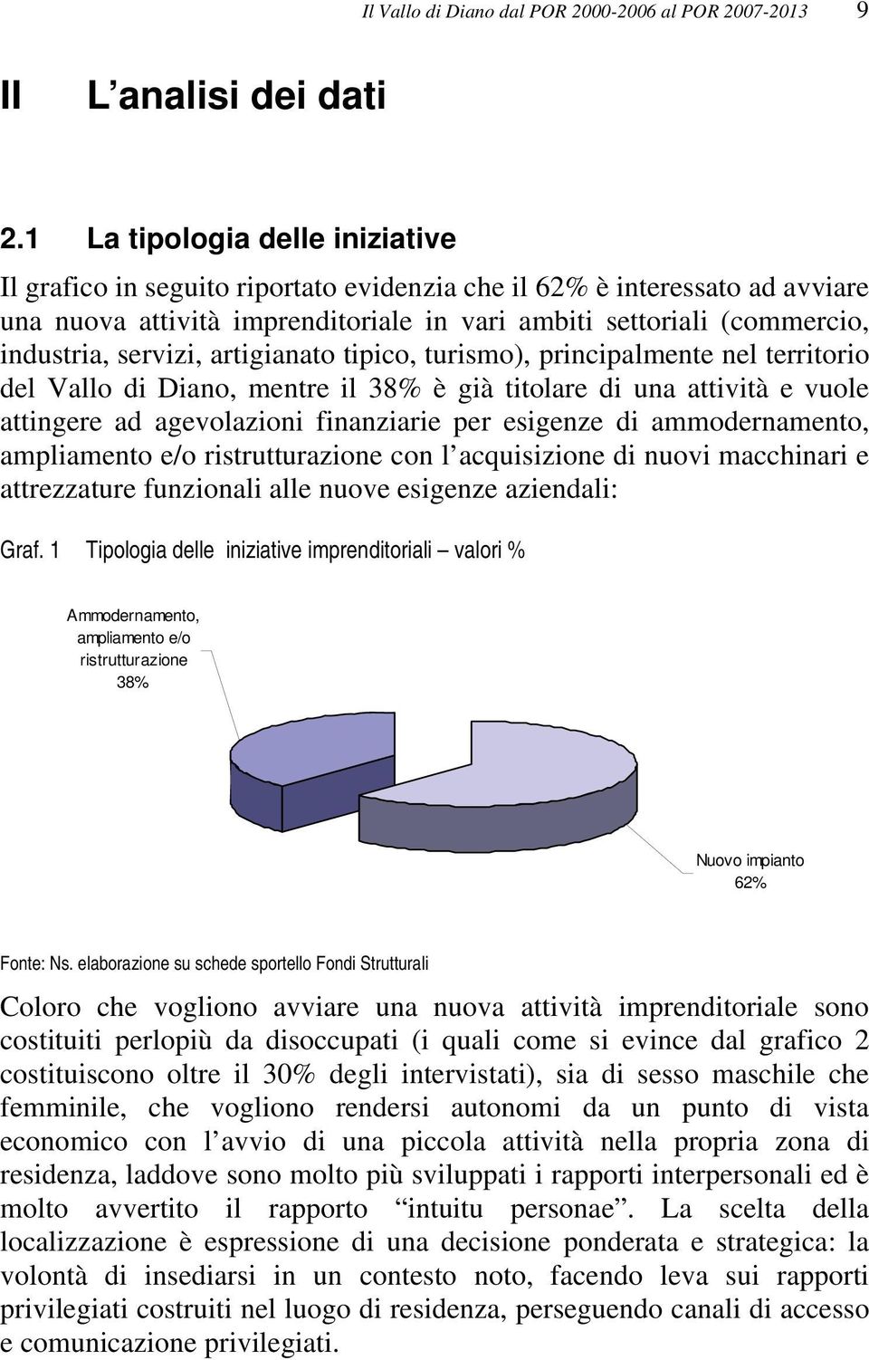 servizi, artigianato tipico, turismo), principalmente nel territorio del Vallo di Diano, mentre il 38% è già titolare di una attività e vuole attingere ad agevolazioni finanziarie per esigenze di