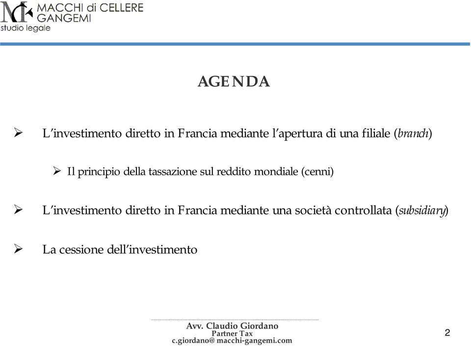 mondiale (cenni) L investimento diretto in Francia mediante una