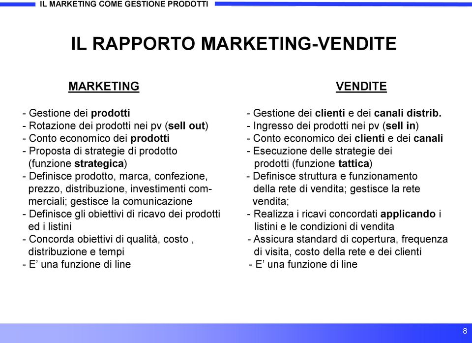 Esecuzione delle strategie dei (funzione strategica) prodotti (funzione tattica) - Definisce prodotto, marca, confezione, - Definisce struttura e funzionamento prezzo, distribuzione, investimenti