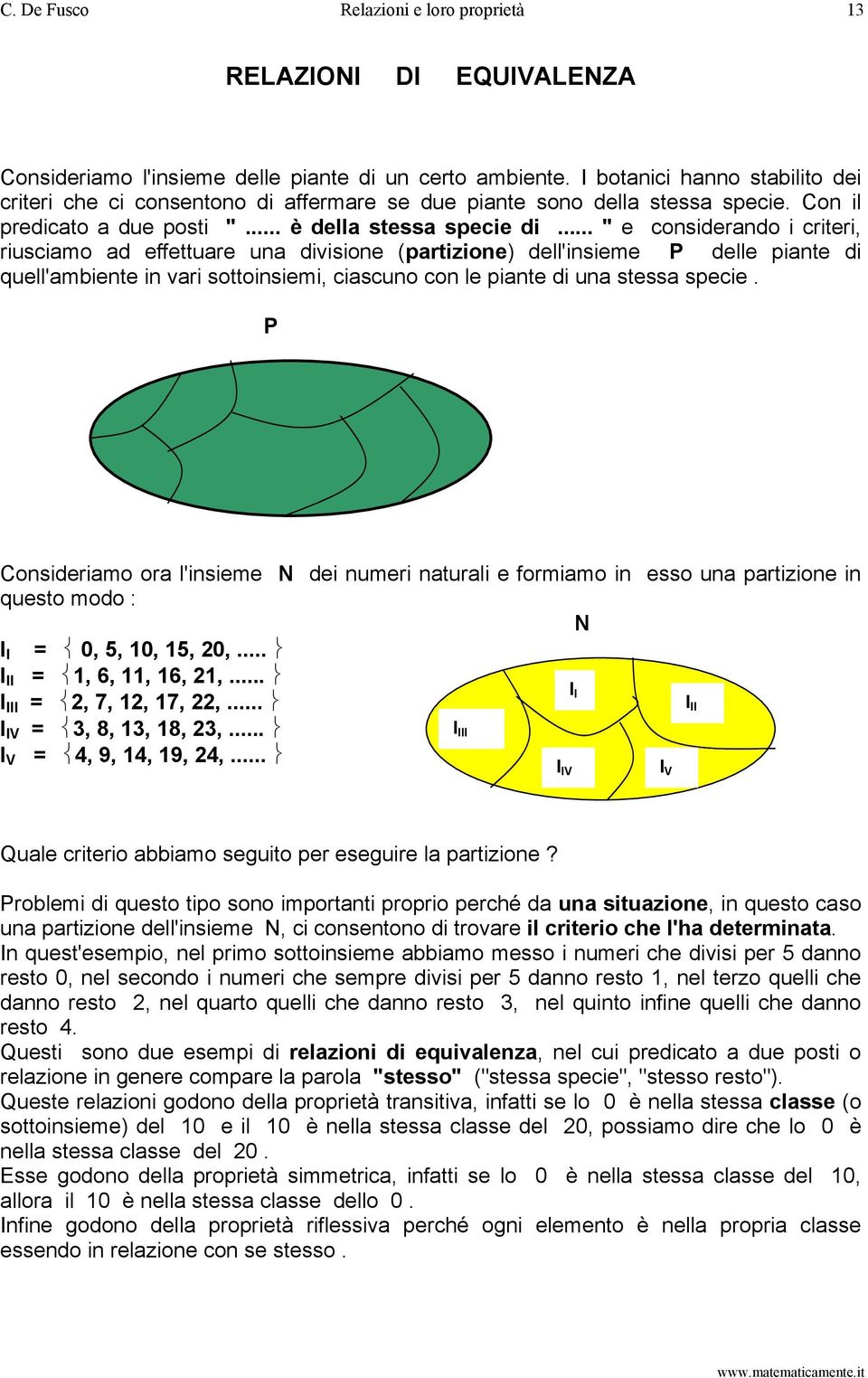 .. " e considerando i criteri, riusciamo ad effettuare una divisione (partizione) dell'insieme P delle piante di quell'ambiente in vari sottoinsiemi, ciascuno con le piante di una stessa specie.