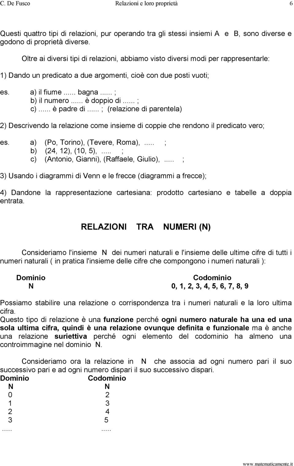 .. è doppio di... ; c)... è padre di... ; (relazione di parentela) 2) Descrivendo la relazione come insieme di coppie che rendono il predicato vero; es. a) (Po, Torino), (Tevere, Roma),.