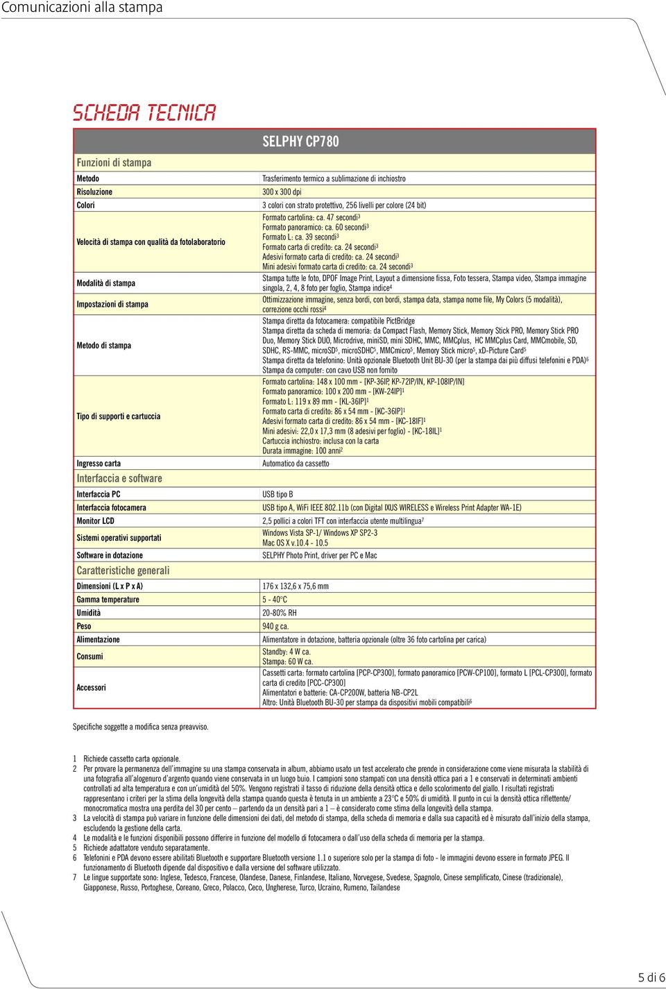 per colore (24 bit) Formato cartolina: ca. 47 secondi 3 Formato panoramico: ca. 60 secondi 3 Formato L: ca. 39 secondi 3 Formato carta di credito: ca.