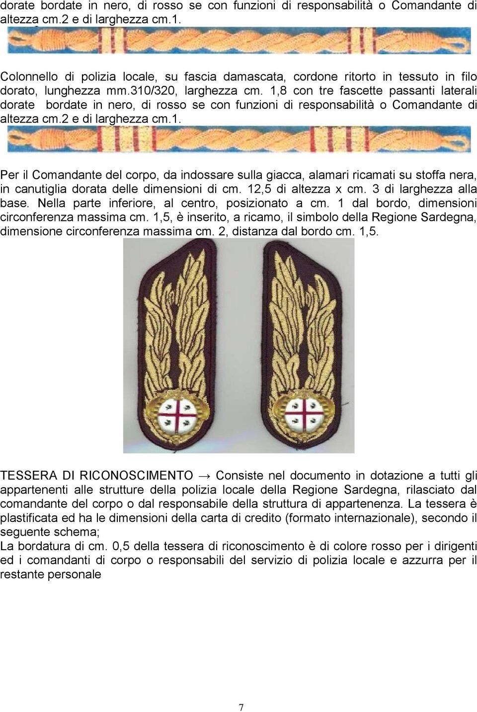 1,8 con tre fascette passanti laterali  Per il Comandante del corpo, da indossare sulla giacca, alamari ricamati su stoffa nera, in canutiglia dorata delle dimensioni di cm. 12,5 di altezza x cm.