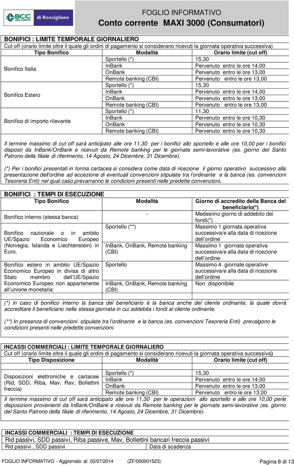 Estero InBank Pervenuto entro le ore 14,00 OnBank Pervenuto entro le ore 13,00 Remote banking (CBI) Pervenuto entro le ore 13,00 Sportello (*) 11,30 Bonifico di importo rilevante InBank Pervenuto