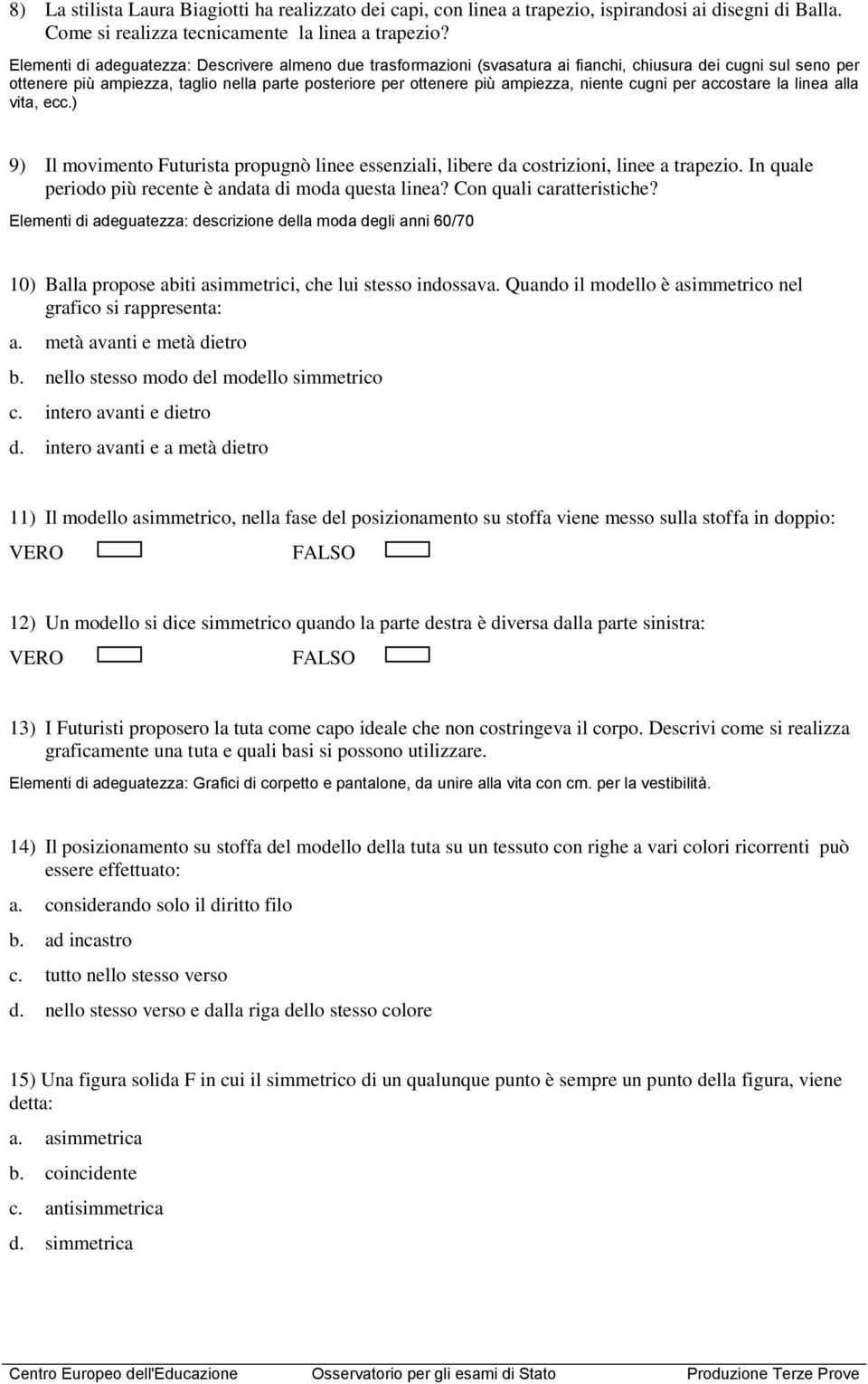 niente cugni per accostare la linea alla vita, ecc.) 9) Il movimento Futurista propugnò linee essenziali, libere da costrizioni, linee a trapezio.