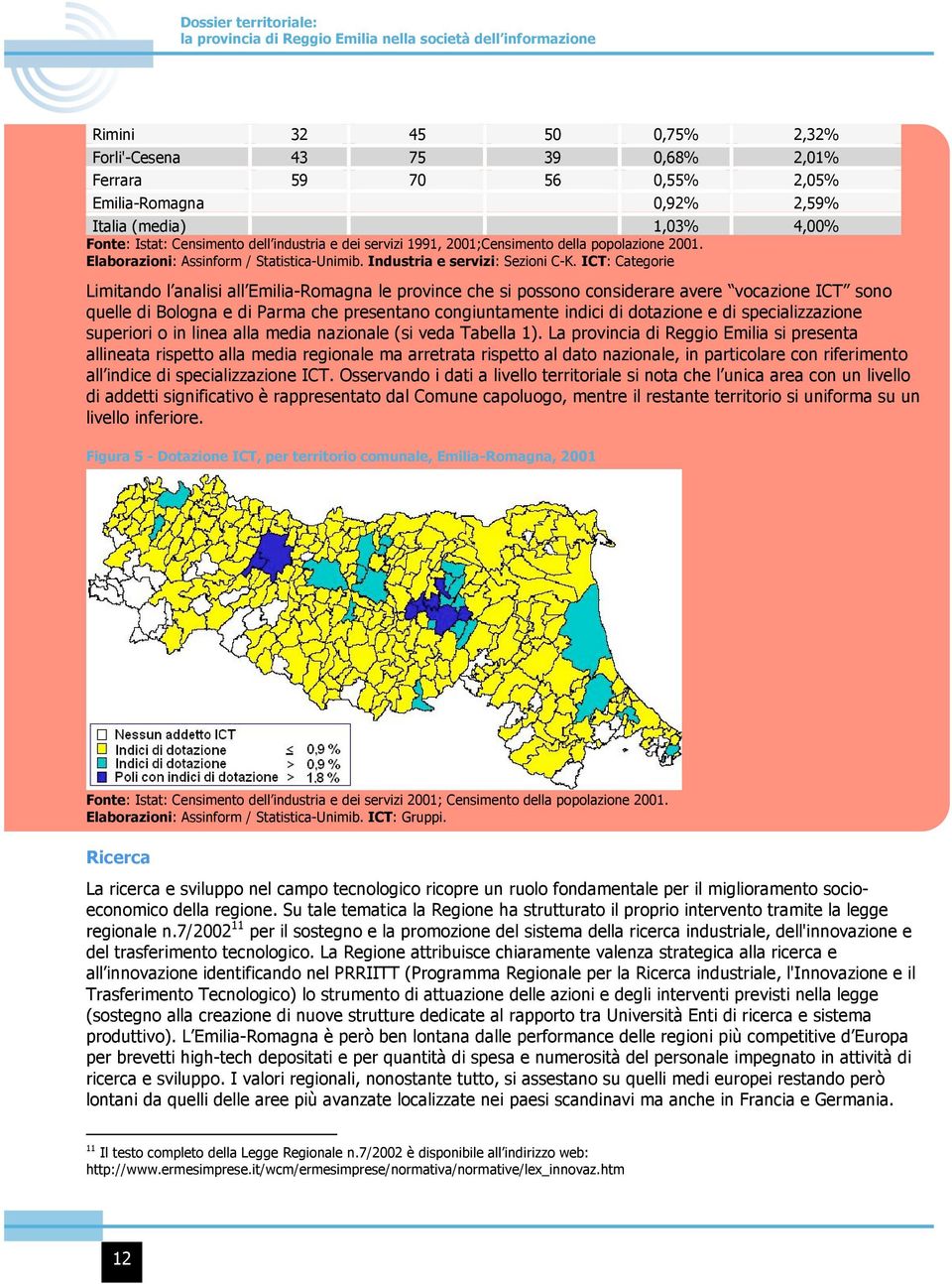 ICT: Categorie Limitando l analisi all Emilia-Romagna le province che si possono considerare avere vocazione ICT sono quelle di Bologna e di Parma che presentano congiuntamente indici di dotazione e