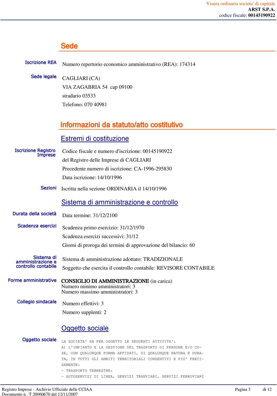 CA-1996-295830 Data iscrizione: 14/10/1996 Sezioni Iscritta nella sezione ORDINARIA il 14/10/1996 Sistema di amministrazione e controllo Durata della società Data termine: 31/12/2100 Scadenza