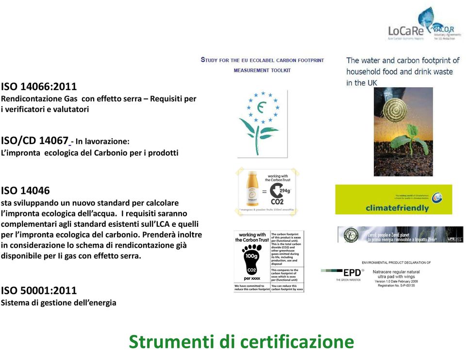 I requisiti saranno complementari agli standard esistenti sull LCA e quelli per l impronta ecologica del carbonio.