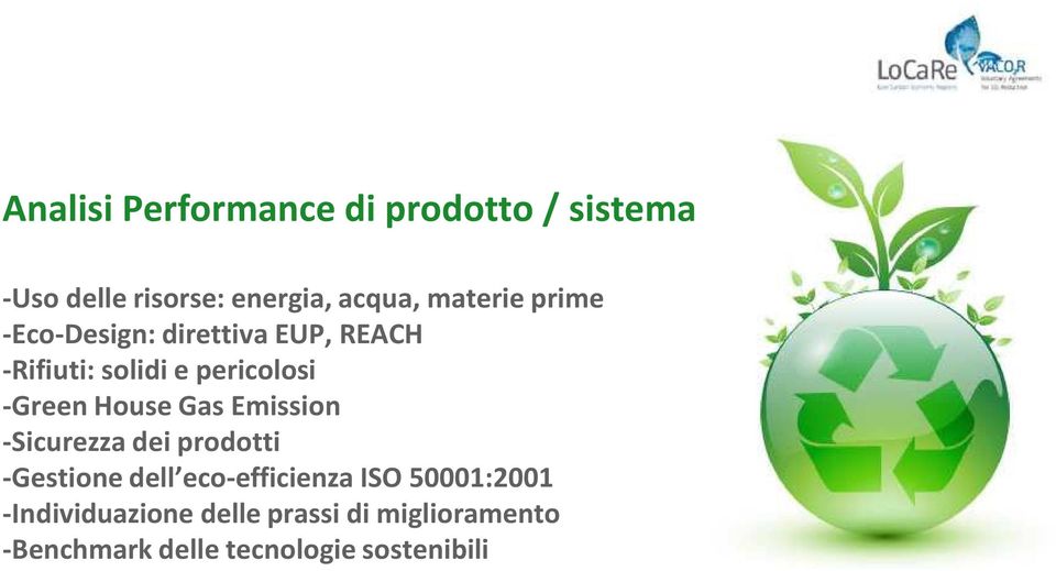 -Green House Gas Emission -Sicurezza dei prodotti -Gestione dell eco-efficienza ISO
