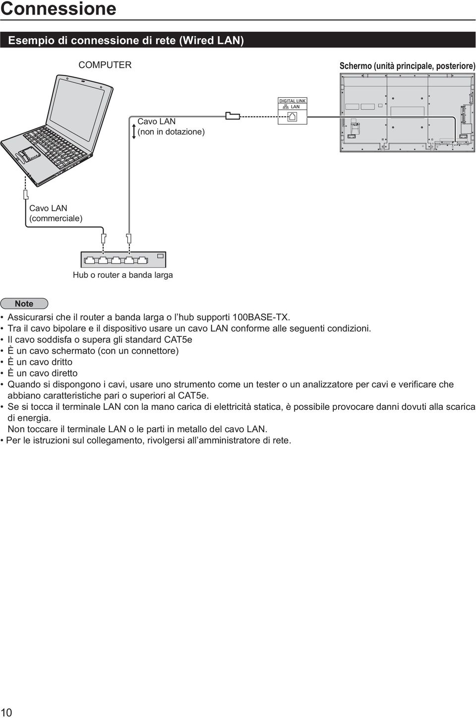 Il cavo soddisfa o supera gli standard CAT5e È un cavo schermato (con un connettore) È un cavo dritto È un cavo diretto Quando si dispongono i cavi, usare uno strumento come un tester o un