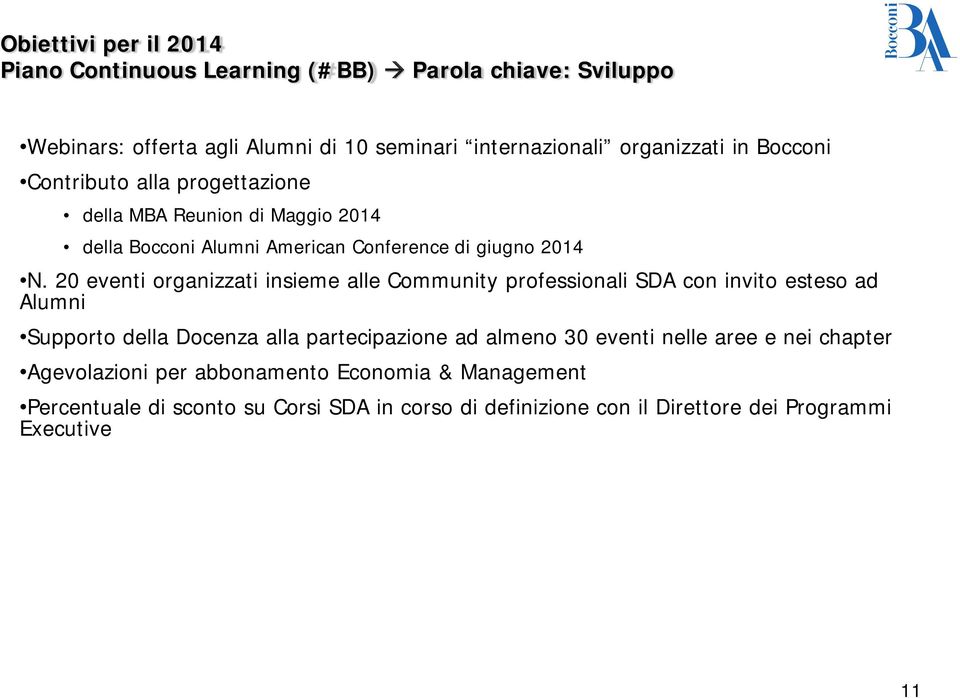 20 eventi organizzati insieme alle Community professionali SDA con invito esteso ad Alumni Supporto della Docenza alla partecipazione ad almeno 30 eventi