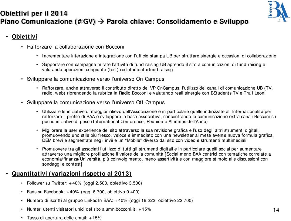 congiunte (test) reclutamento/fund raising Sviluppare la comunicazione verso l universo On Campus Rafforzare, anche attraverso il contributo diretto del VP OnCampus, l utilizzo dei canali di