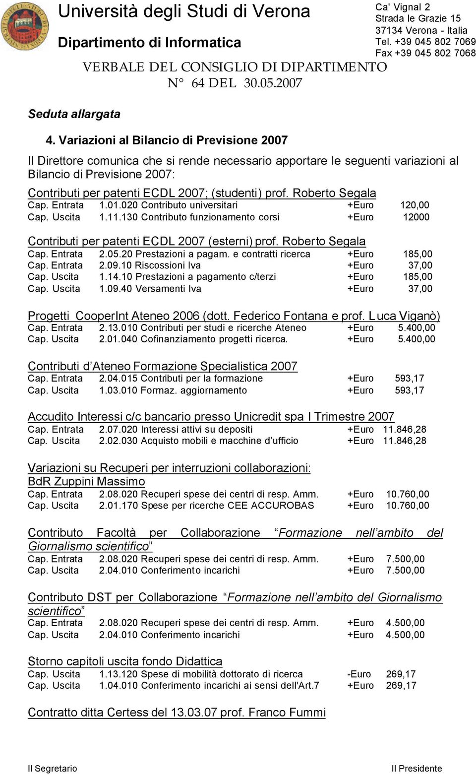 130 Contributo funzionamento corsi +Euro 12000 Contributi per patenti ECDL 2007 (esterni) prof. Roberto Segala Cap. Entrata 2.05.20 Prestazioni a pagam. e contratti ricerca +Euro 185,00 Cap.